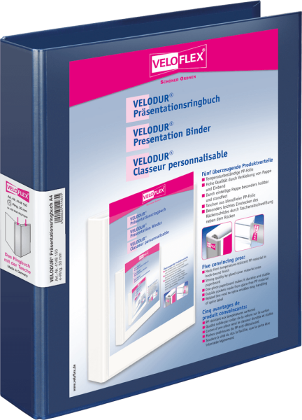 Präsentationsringbuch Veloflex VELODUR 1143150, DIN A4, 2 Ringe, Ring-Ø 25 mm, PP, blau