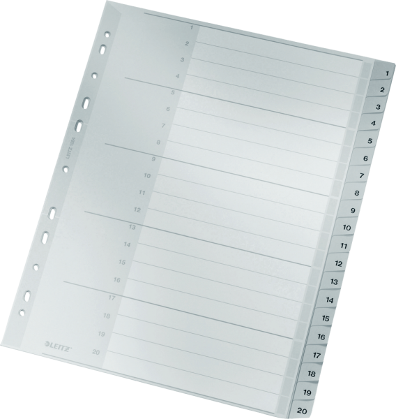 Register 1 - 20, LEITZ 1284, DIN A4, volle Höhe, PP,  grau