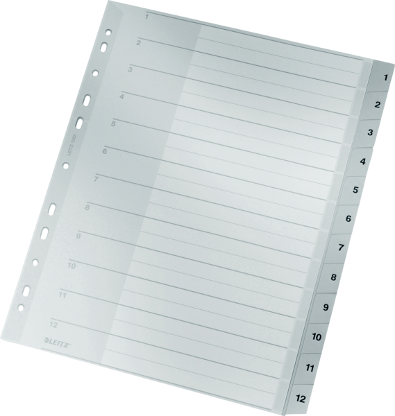 Register 1 - 12, LEITZ 1282, DIN A4, volle Höhe, PP, grau