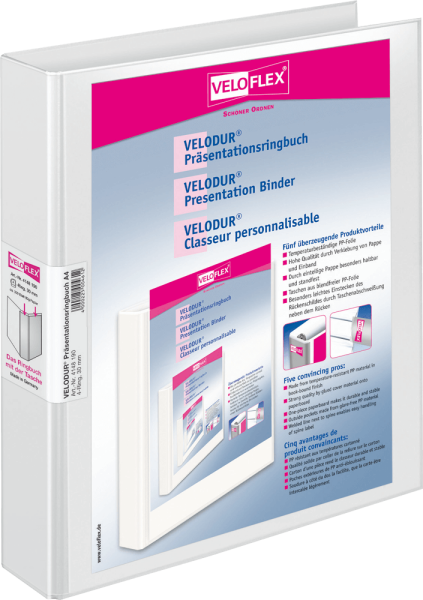 Präsentationsringbuch Veloflex VELODUR 4148190, DIN A4, 4 Ringe, Ring-Ø 30 mm, PP, weiß