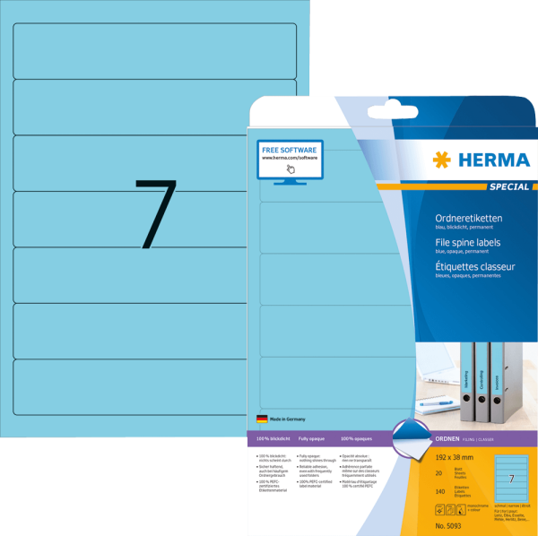 Ordnerrückenetiketten HERMA 5093 DIN A4 - schmal/kurz - 192 x 38 mm - 140 Stück - blau