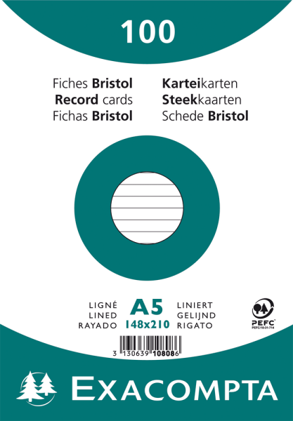 Karteikarten Exacompta, DIN A5, liniert, weiß, 100 Stück