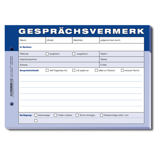 Gesprächsvermerk advo-spezial®, DIN A5 Block, 100 Blatt, weiß/blau/schwarz