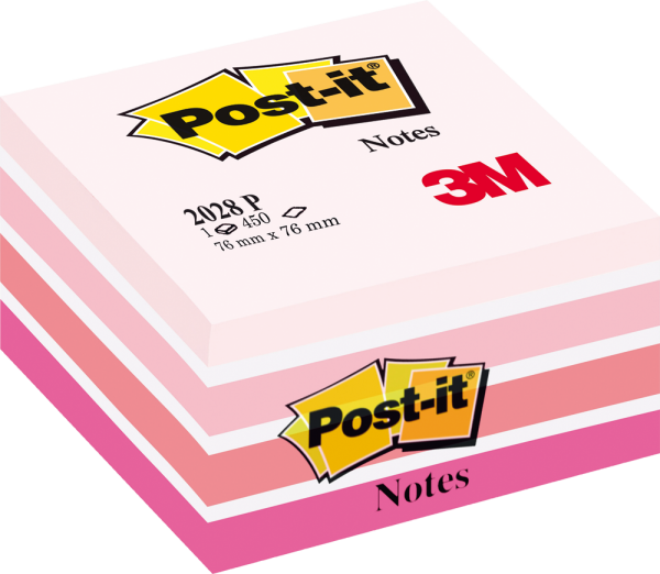 Haftnotizwürfel Post-it® 2028P, 76 x 76 mm, 450 Blatt, pastellpink etc.
