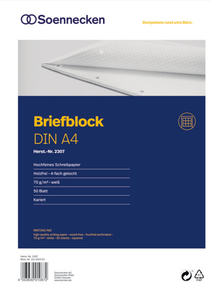 Schreibblock DIN A4, 4-fach gelocht, holzfrei, weiß, kariert