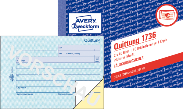 Quittung Avery Zweckform 1736, inkl. MwSt., DIN A6 quer, 2 x 40 Blatt, SD