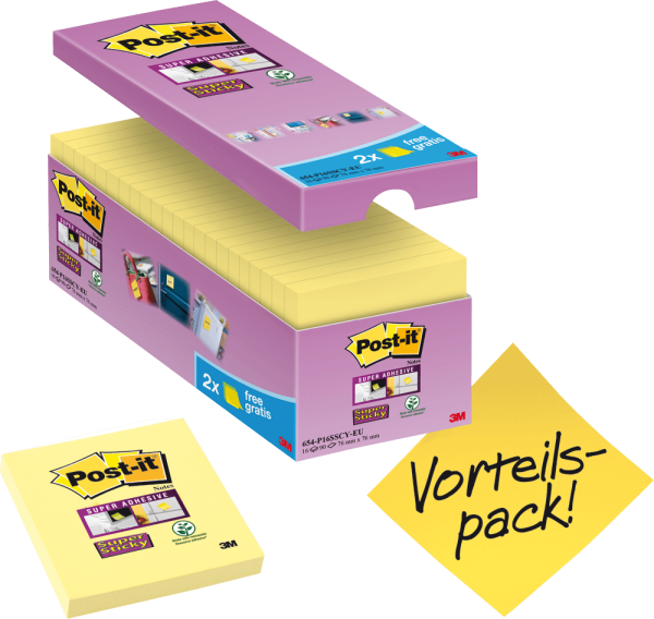 Haftnotizen Post-it® Super Sticky 65416SYP, 76 x 76 mm, gelb, 16 Blöcke