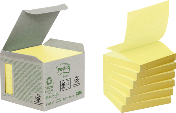 Haftnotizen Post-it® Z-Notes Recycling R330-1B, 76 x 76 mm, 6 Blöcke, pastellgelb