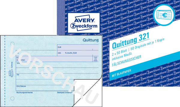 Quittung Avery Zweckform 321, inkl. MwSt., DIN A6 quer, 2 x 50 Blatt, SD