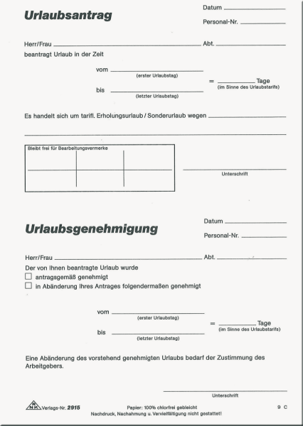Urlaubsantragblock RNK 2915, DIN A5, 50 Blatt