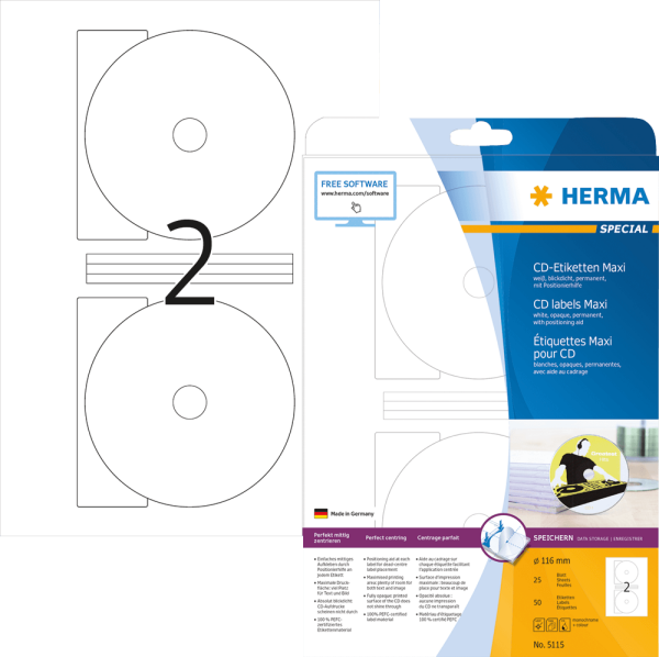 CD/DVD-Etiketten HERMA 5115 Maxi, 116 mm, 50 Stück, weiß