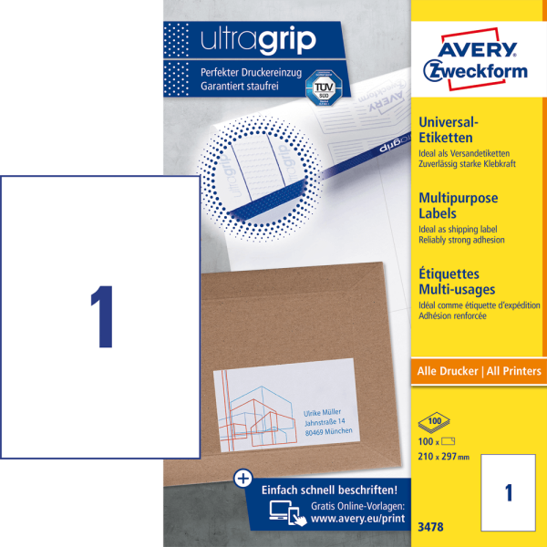Universaletiketten Avery Zweckform 3478, 210 x 297 mm, 100 Stück, weiß
