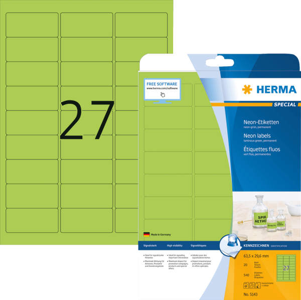 Universaletiketten HERMA 5143 SPECIAL, 63,5 x 29,6 mm, 540 Stück, neongrün