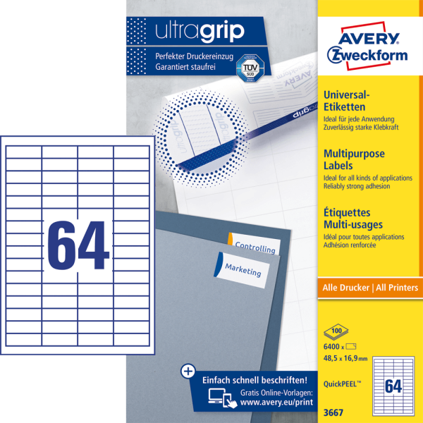 Universaletiketten Avery Zweckform 3667, 48,5 x 16,9 mm,  .6400 Stück, weiß