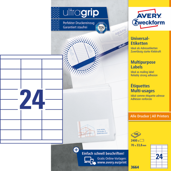 Universaletiketten Avery Zweckform 3664, 70 x 33.8 mm, 2.400 Stück, weiß
