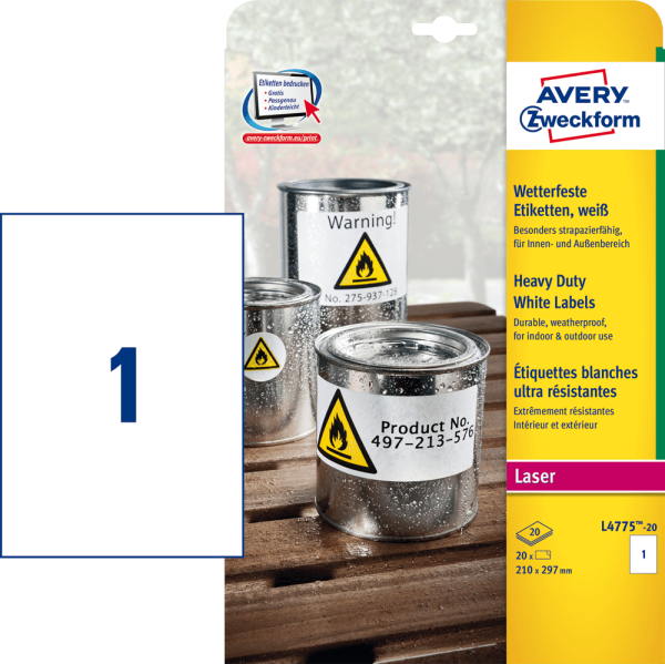 Folienetiketten Avery Zweckform L4775-20, 210 x 297 mm, wetterfest, 20 Stück, weiß
