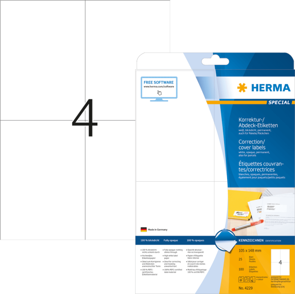 Universaletiketten HERMA 4229 SPECIAL, 105 x 148 mm, 100 Stück, weiß