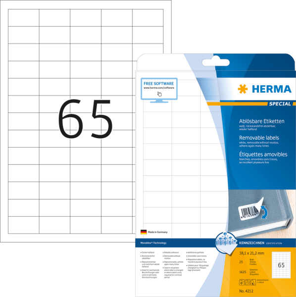 Universaletiketten HERMA Movables 4212 38,1 x 21,2 mm 1.625 Stück weiß