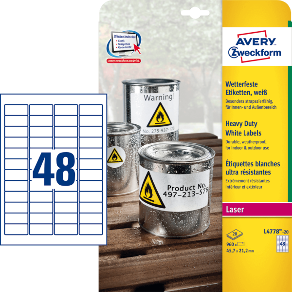 Folienetiketten Avery Zweckform L4778-20 45,7 x 21,2 mm, wetterfest, 960 Stück, weiß
