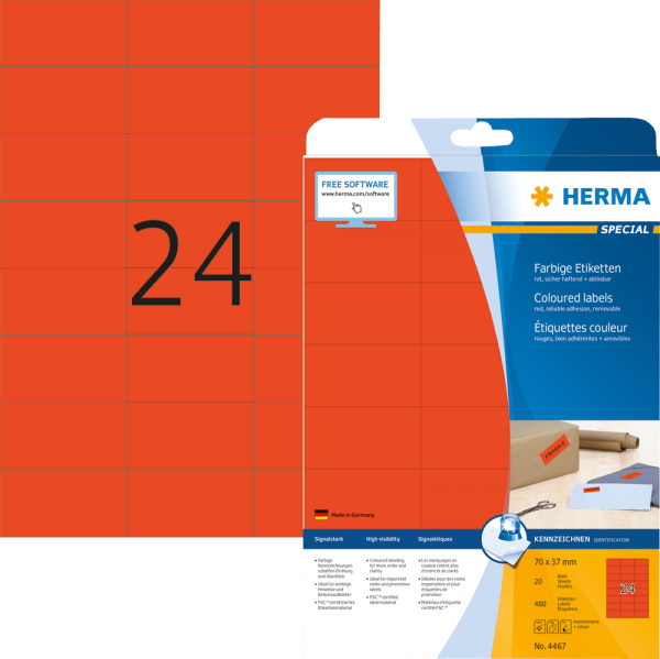 Universaletiketten HERMA 4467 SPECIAL, 70 x 37 mm, 480 Stück, rot