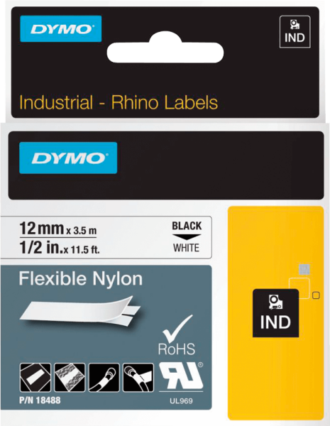 Schriftband DYMO Rhino IND 18488, 12 mm x 3,5 m, Nylon-Band, schwarz/weiß