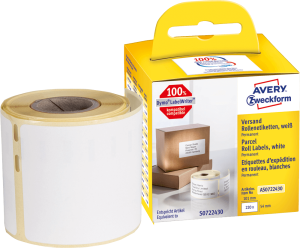 Etiketten Avery Zweckform AS0722430, 54 x 101 mm, weiß, 220 Stück/Rolle