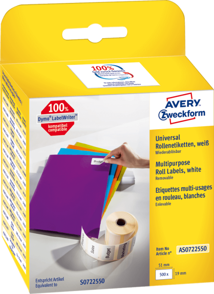 Etiketten Avery Zweckform AS0722550, 19 x 51 mm, weiß, 500 Stück/Rolle