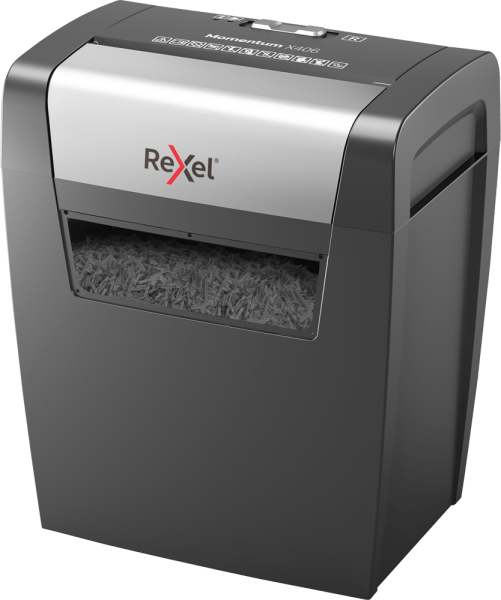 Aktenvernichter Rexel® Momentum X406, Partikel 4 x 28 mm, SSt. P-4, schwarz/silber