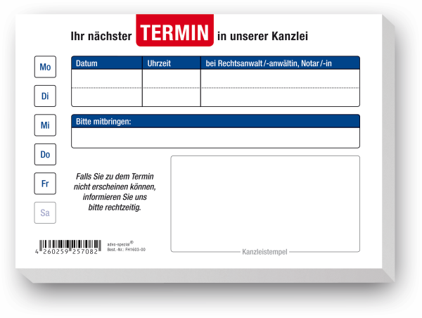 Mandantentermin-Block advo-spezial®, DIN A6 quer, blau / rot / weiß