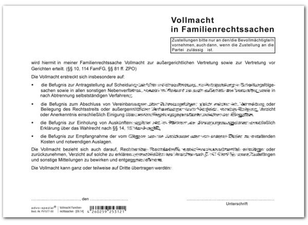 Vollmacht in Familiensachen ausführlich, DIN A5 quer