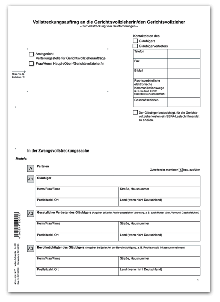 Vollstreckungsauftrag an Gerichtsvollzieher, Kleinmenge: 10 Sätze