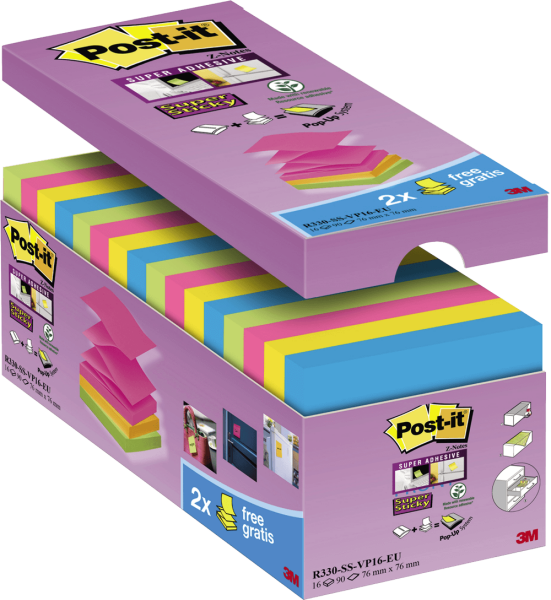 Haftnotizen Post-it® Z-Notes R330S16, 76 x 76 mm, 16 Blöcke, farbig sortiert