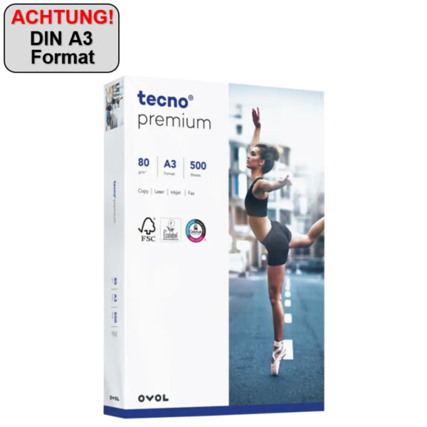 tecno Kopierpapier Premium DIN A3 80g/m² weiß 500 Bl./Pack.