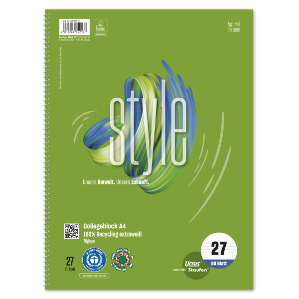 Staufen Collegeblock Style DIN A4 liniert mit Rand innen/außen 70g/m² Papier grün 80 Bl.