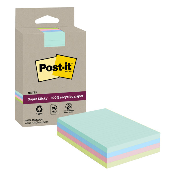 Post-it® Haftnotiz Notes Super Sticky 102 x 152 mm (B x H) je 1x mint, denimblau, rosa, limonengrün 45 Bl./Block 4 Block/Pack.