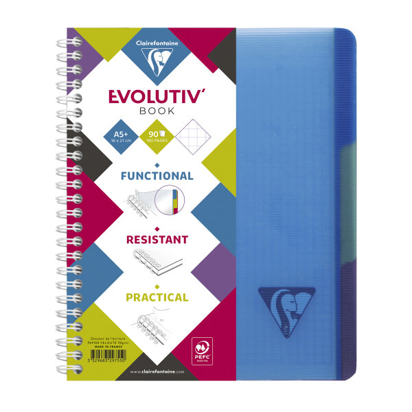 Clairefontaine Collegeblock EvolutivBook DIN A5+ kariert 90g/m² farbig sortiert (freie Farbauswahl nicht möglich) 90 Bl.