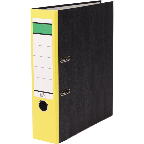 Ordner 80mm DIN A4 Rückenschild: geklebt mit Schlitzen Werkstoff: Papier, 100 % recycelt Farbe des Rückens: gelb