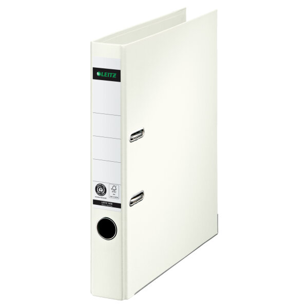 Leitz Ordner 50mm DIN A4 Rückenschild: geklebt mit Schlitzen Werkstoff: Pappe Material außen: Papier Material innen: Papier Farbe: weiß