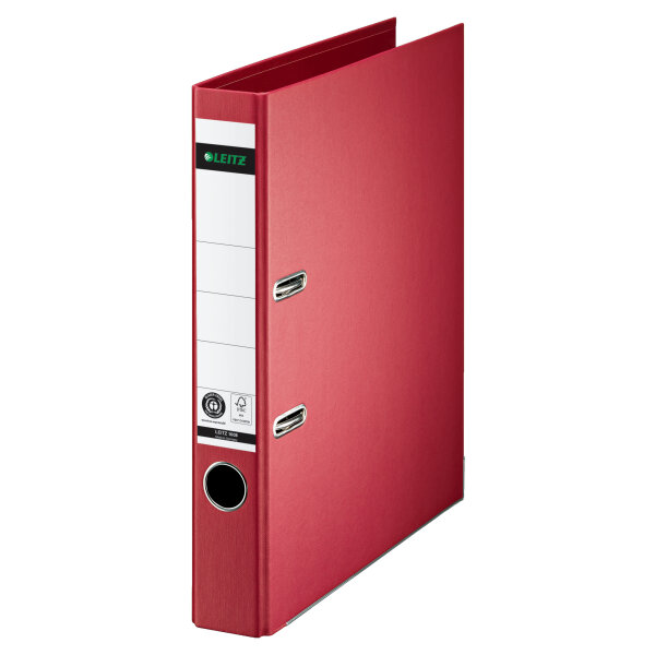 Leitz Ordner 50mm DIN A4 Rückenschild: geklebt mit Schlitzen Werkstoff: Pappe Material außen: Papier Material innen: Papier Farbe: rot