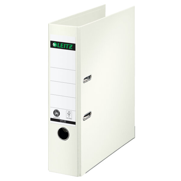 Leitz Ordner 80mm DIN A4 Rückenschild: geklebt mit Schlitzen Werkstoff: Pappe Material außen: Papier Material innen: Papier Farbe: weiß