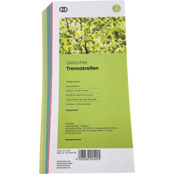 Soennecken Trennstreifen oeco 24 x 10,5 cm (B x H) 190g/m² Karton je 25 x rosa, blau, gelb, grün 100 St./Pack.