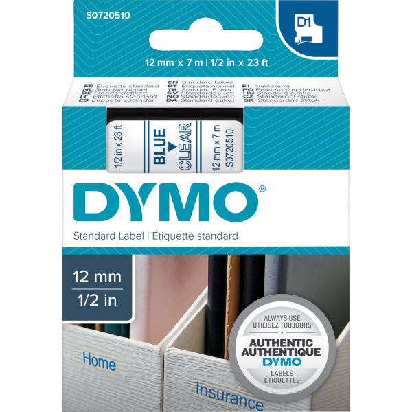 DYMO® Schriftbandkassette 12 mm x 7 m (B x L) transparent blau