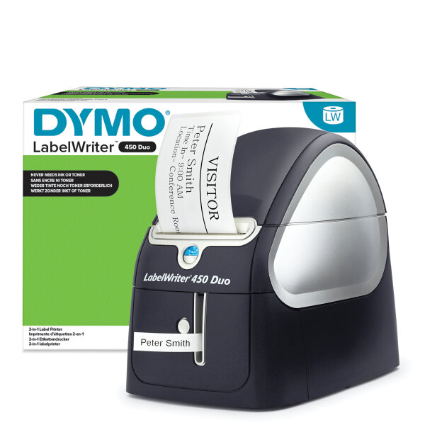 DYMO® Etikettendrucker LabelWriter™ 450 Duo 71 Etik./Min. USB 2.0 inkl. 20 Starter Etiketten (89 x 36 mm), D1-Schriftband (24 mm x 3 m, schwarz auf weiß), Adapter, Netzkabel, USB-Kabel, Kurzanleitung