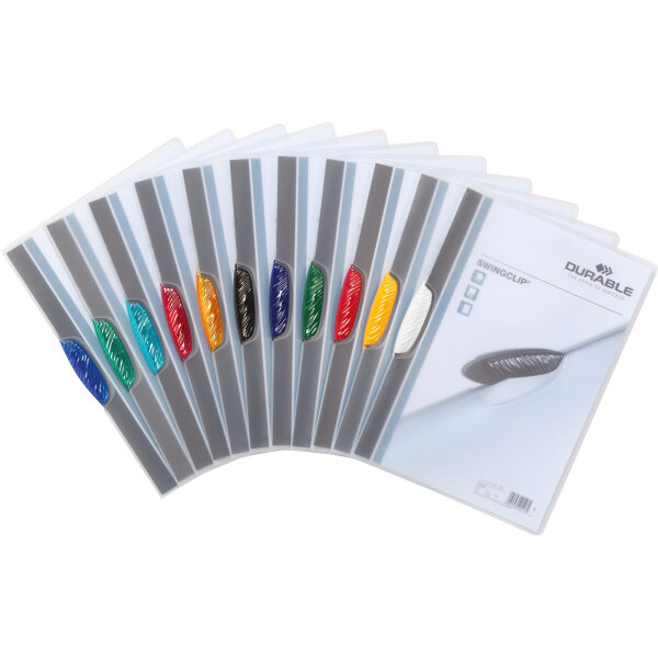 DURABLE Klemmmappe SWINGCLIP® DIN A4 Polypropylen Farbe der Rückseite: transparent Farbe der Klemme: je 5 x rot, gelb, grün, dunkelblau, schwarz 25 St./Pack.