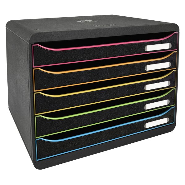 Exacompta Schubladenbox BIG-BOX plus quer 5 Schubladen DIN A4, Überbreite Polystyrol Gehäusefarbe: schwarz Farbe der Schublade: schwarz/harlekin