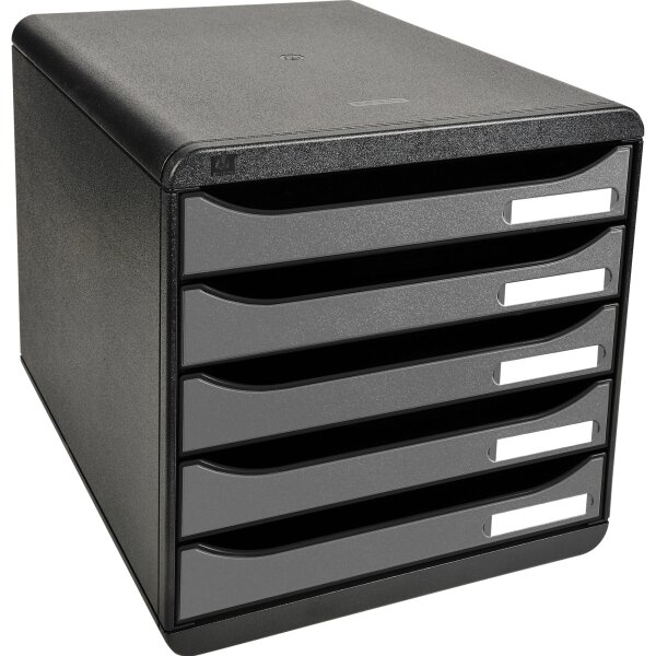 Exacompta Schubladenbox BIG-BOX plus 5 Schubladen DIN A4, Überbreite Polystyrol Gehäusefarbe: schwarz Farbe der Schublade: silber