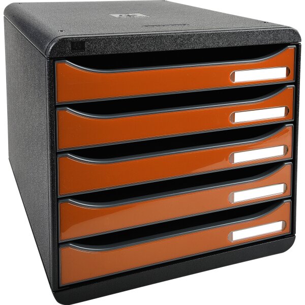 Exacompta Schubladenbox BIG-BOX plus 5 Schubladen DIN A4, Überbreite Polystyrol Gehäusefarbe: schwarz Farbe der Schublade: orange glossy