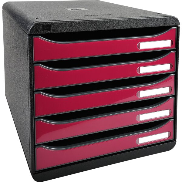 Exacompta Schubladenbox BIG-BOX plus 5 Schubladen DIN A4, Überbreite Polystyrol Gehäusefarbe: schwarz Farbe der Schublade: himbeerfarben glossy