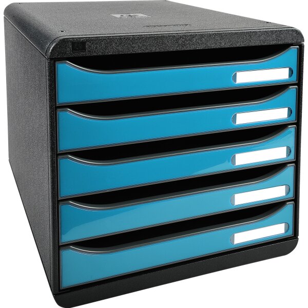Exacompta Schubladenbox BIG-BOX plus 5 Schubladen DIN A4, Überbreite Polystyrol Gehäusefarbe: schwarz Farbe der Schublade: türkis glossy