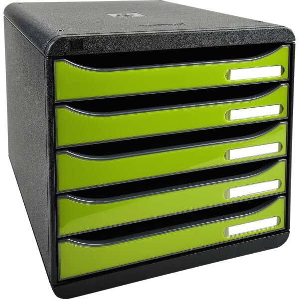 Exacompta Schubladenbox BIG-BOX plus 5 Schubladen DIN A4, Überbreite Polystyrol Gehäusefarbe: schwarz Farbe der Schublade: anisgrün glossy